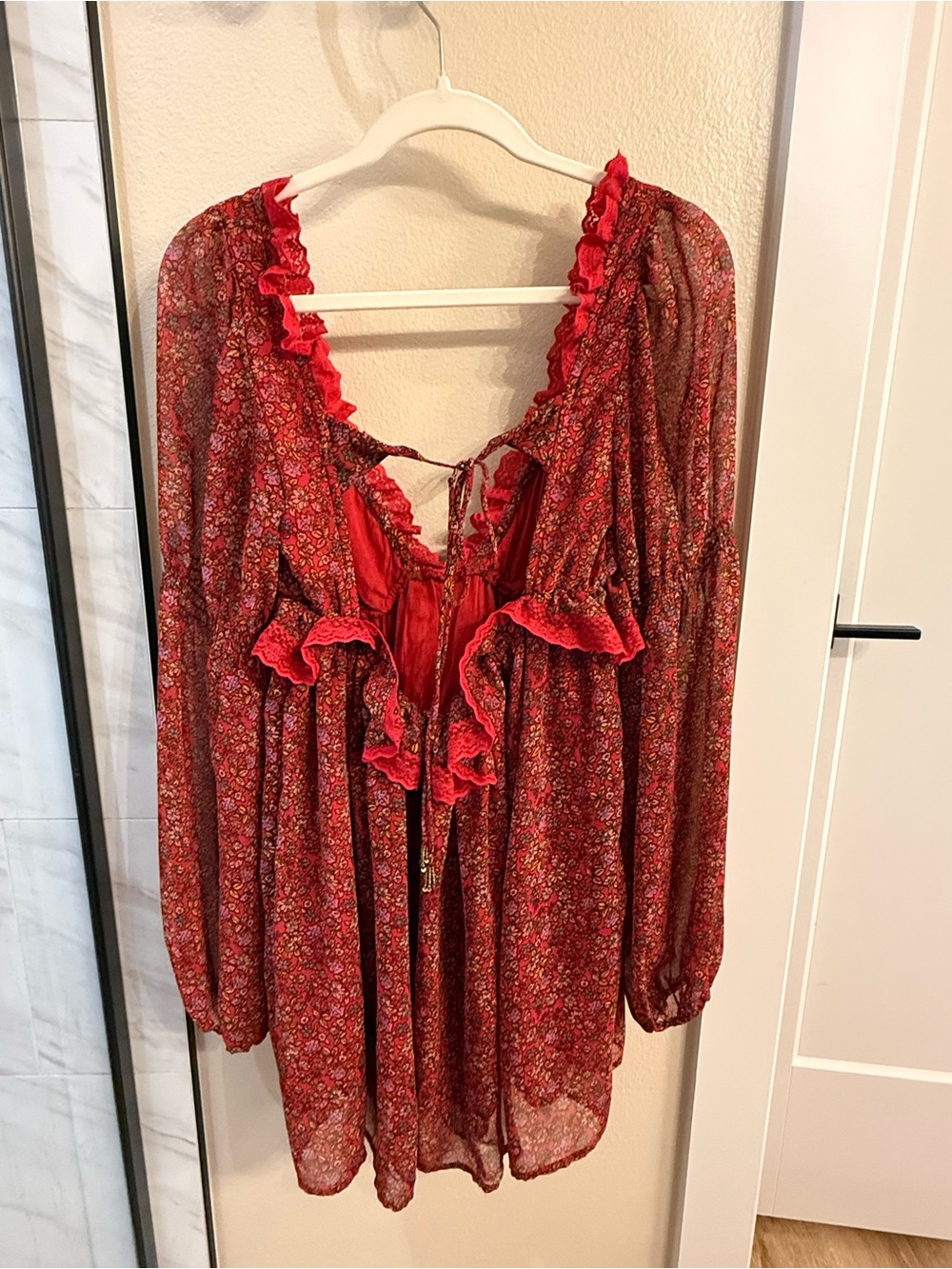 Free People Red Floral Ruffle Mini Dress with Tie Front